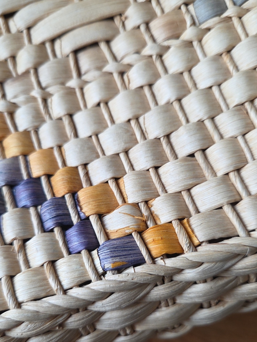 Woven Straw Tote Bag Blue Mustard Geometric Beach Vintage Style - Picture 11 of 14